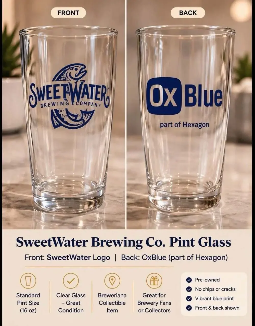 SweetWater Brewing Co OxBlue Hexagon 16oz Pint Beer Glass Atlanta GA Promo